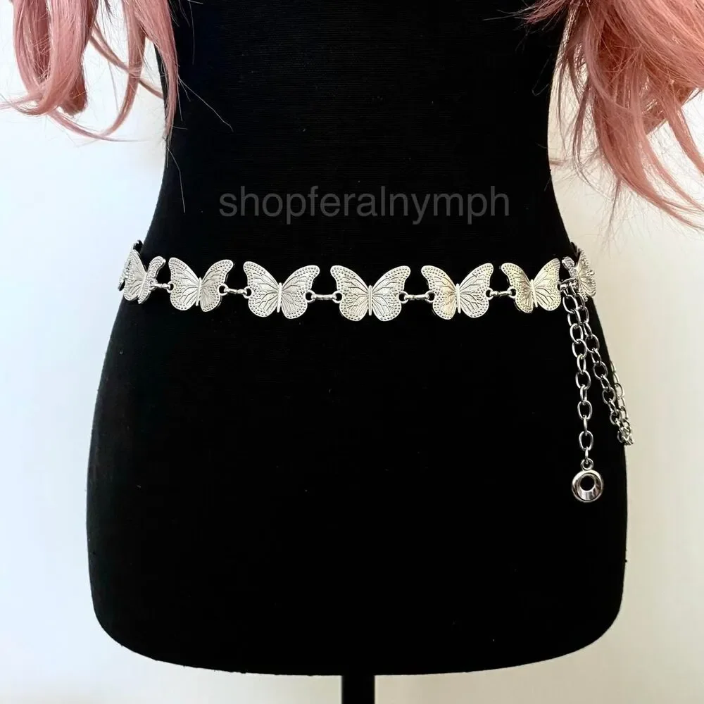 Silver Y2K Butterfly Fairycore Chain Belt, Fits 23-41.5 Inches, X7GA1276